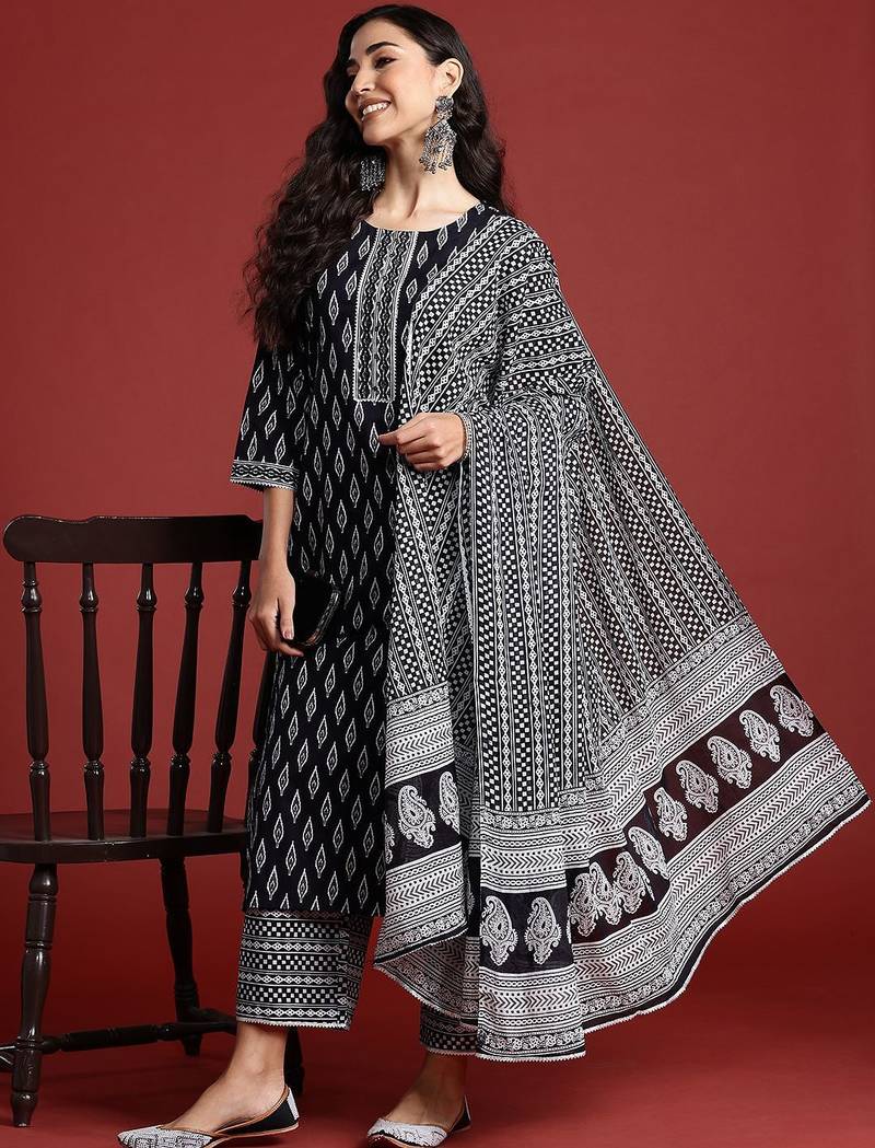 Printed Mirror Work Pure Cotton Kurta With Palazzos & Dupatta