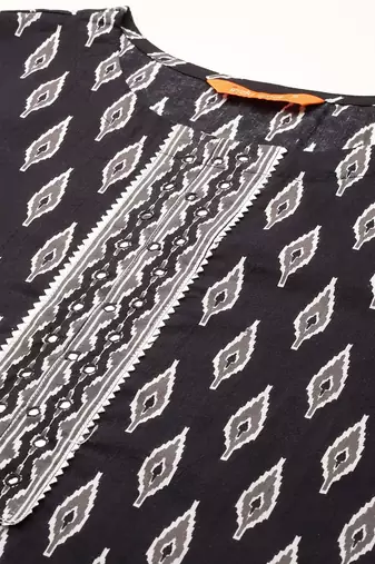 Printed Mirror Work Pure Cotton Kurta With Palazzos & Dupatta