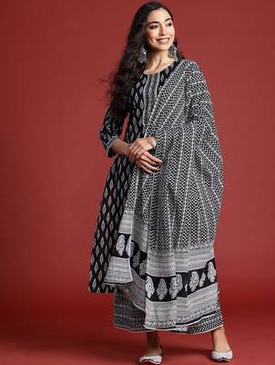 Printed Mirror Work Pure Cotton Kurta With Palazzos & Dupatta 5