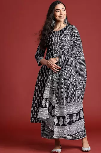 Printed Mirror Work Pure Cotton Kurta With Palazzos & Dupatta