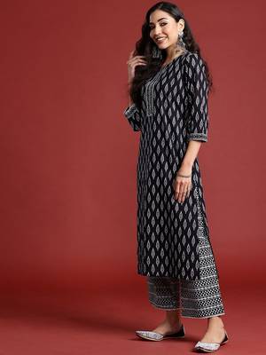 Printed Mirror Work Pure Cotton Kurta With Palazzos & Dupatta 6