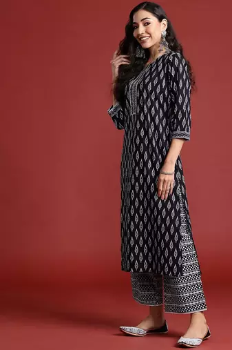 Printed Mirror Work Pure Cotton Kurta With Palazzos & Dupatta