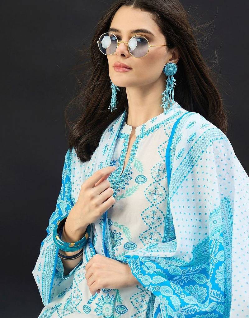 Women Ethnic Motifs Printed Regular Pure Cotton Kurta with Trousers & With Dupatta