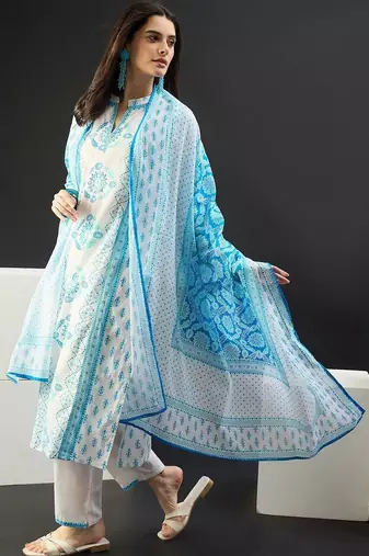 Women Ethnic Motifs Printed Regular Pure Cotton Kurta with Trousers & With Dupatta