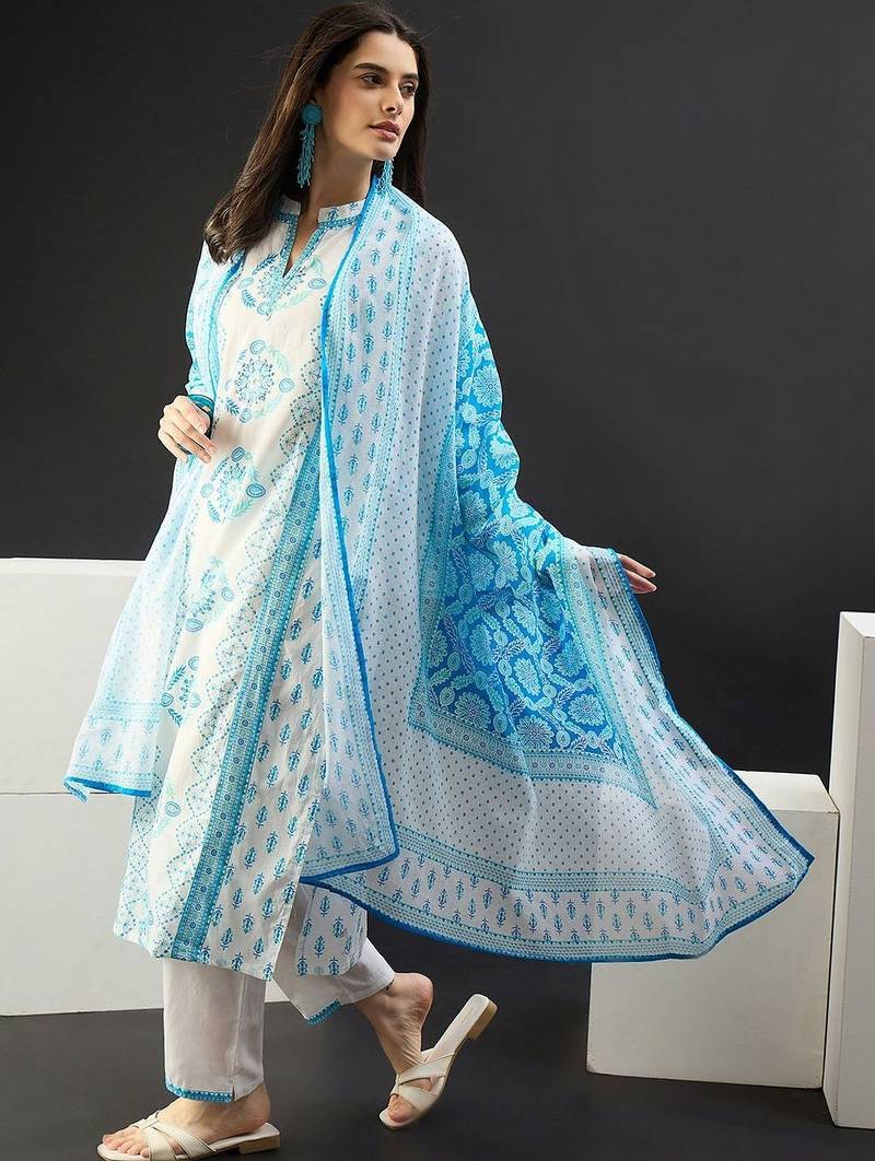Women Ethnic Motifs Printed Regular Pure Cotton Kurta with Trousers & With Dupatta