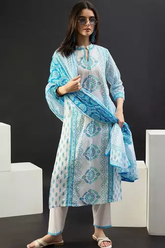 Women Ethnic Motifs Printed Regular Pure Cotton Kurta with Trousers & With Dupatta