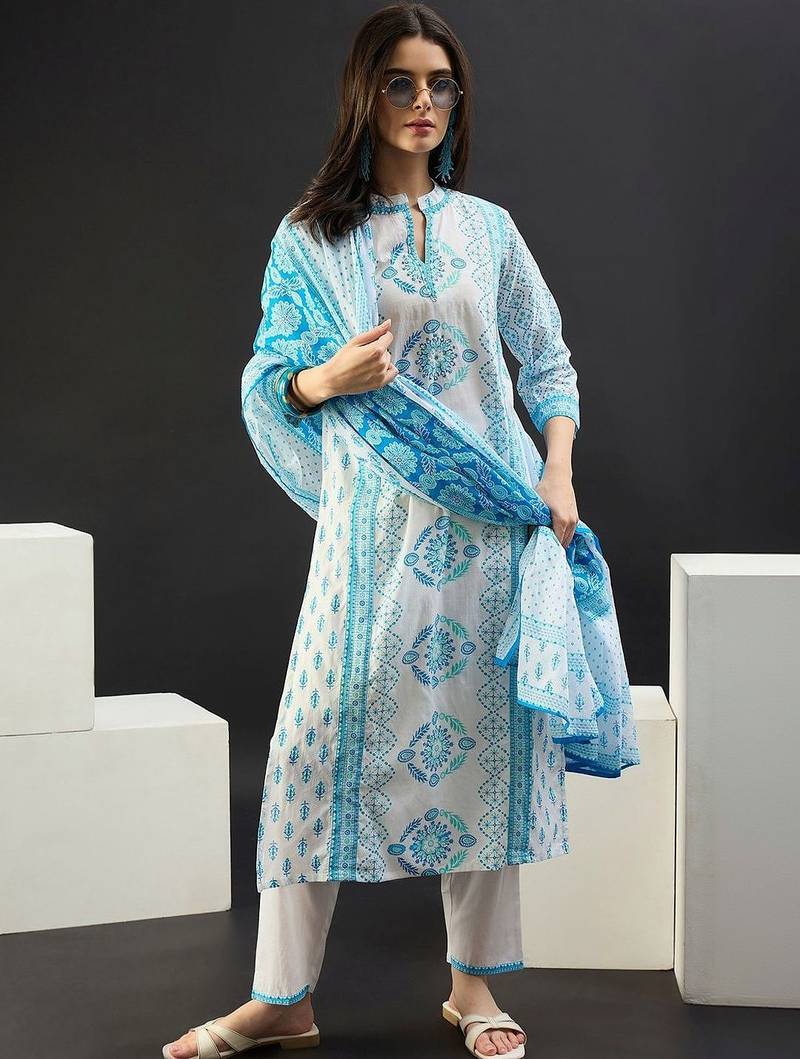 Women Ethnic Motifs Printed Regular Pure Cotton Kurta with Trousers & With Dupatta