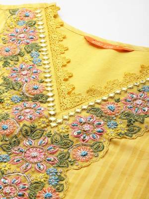 Floral Embroidered Thread Work Linen Kurta with Trousers & With Dupatta 3