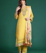 Floral Embroidered Thread Work Linen Kurta with Trousers & With Dupatta