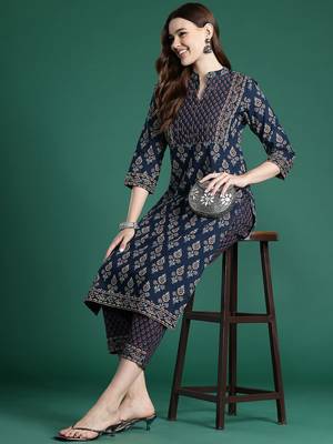 Ethnic Motifs Printed Thread Work Pure Cotton Kurta with Trousers 1