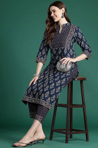 ethnic motifs printed thread work  cotton kurta with trousers