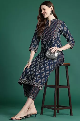 Ethnic Motifs Printed Thread Work Pure Cotton Kurta with Trousers