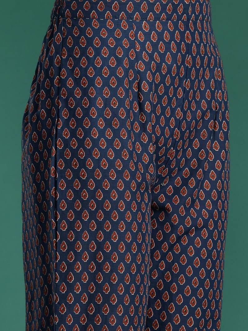 Ethnic Motifs Printed Thread Work Pure Cotton Kurta with Trousers
