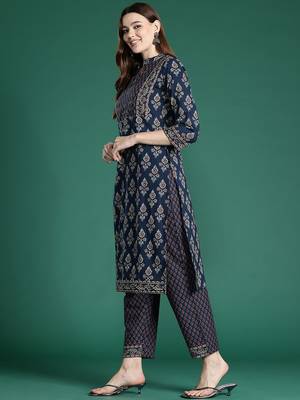 Ethnic Motifs Printed Thread Work Pure Cotton Kurta with Trousers 4
