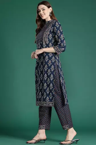 Ethnic Motifs Printed Thread Work Pure Cotton Kurta with Trousers