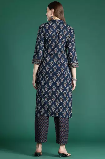 Ethnic Motifs Printed Thread Work Pure Cotton Kurta with Trousers