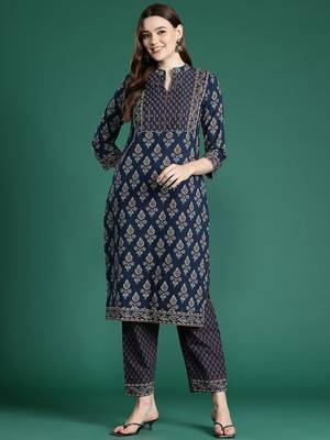 Ethnic Motifs Printed Thread Work Pure Cotton Kurta with Trousers 6
