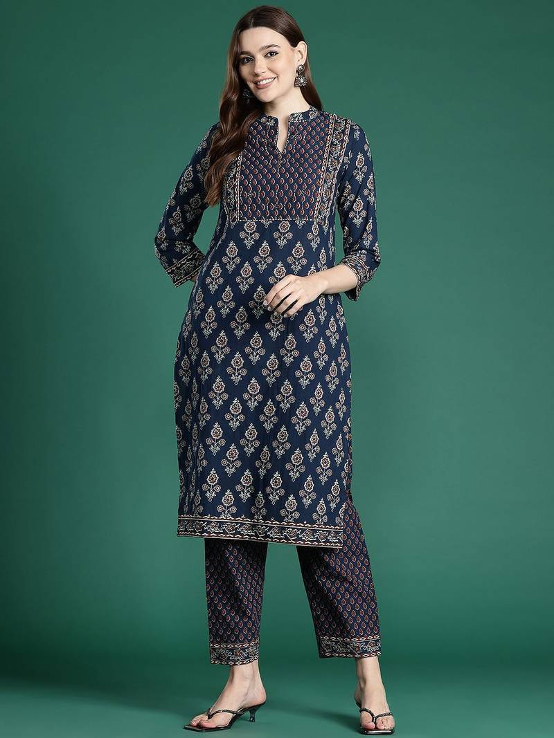 Ethnic Motifs Printed Thread Work Pure Cotton Kurta with Trousers