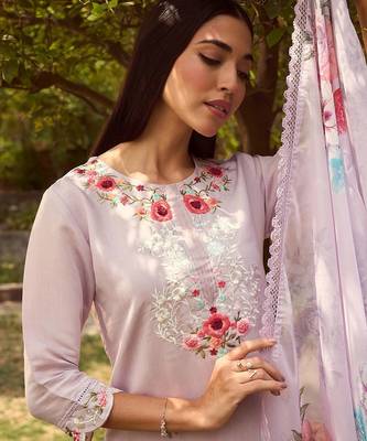 Floral Embroidered Straight Kurta With Trousers & Dupatta 2