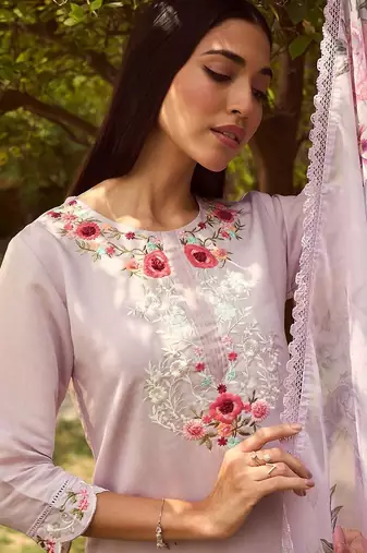 Floral Embroidered Straight Kurta With Trousers & Dupatta