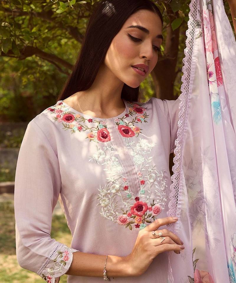 Floral Embroidered Straight Kurta With Trousers & Dupatta