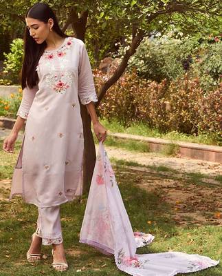 Floral Embroidered Straight Kurta With Trousers & Dupatta 1