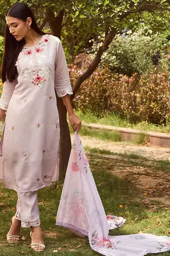 Floral Embroidered Straight Kurta With Trousers & Dupatta