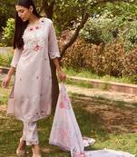 Floral Embroidered Straight Kurta With Trousers & Dupatta