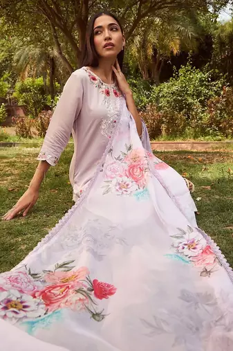 Floral Embroidered Straight Kurta With Trousers & Dupatta