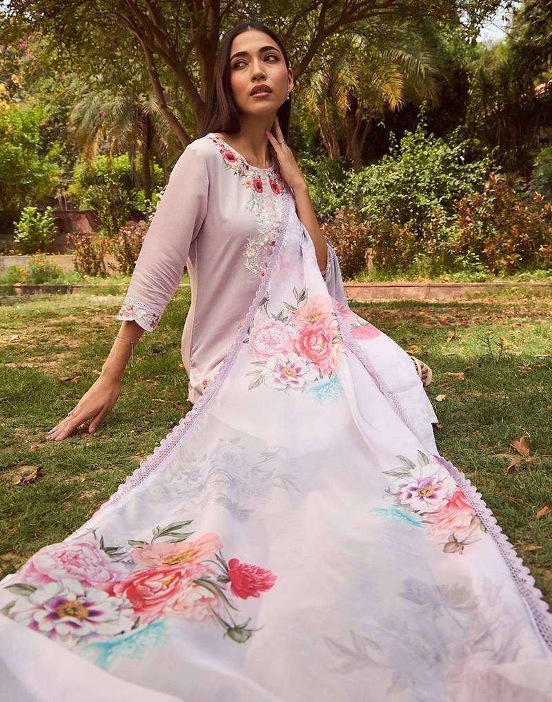 Floral Embroidered Straight Kurta With Trousers & Dupatta
