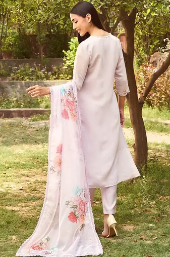 Floral Embroidered Straight Kurta With Trousers & Dupatta