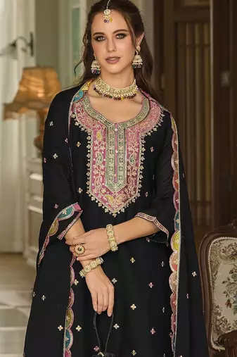 Paisley Embroidered Sequinned Straight Kurta With Sharara And Dupatta