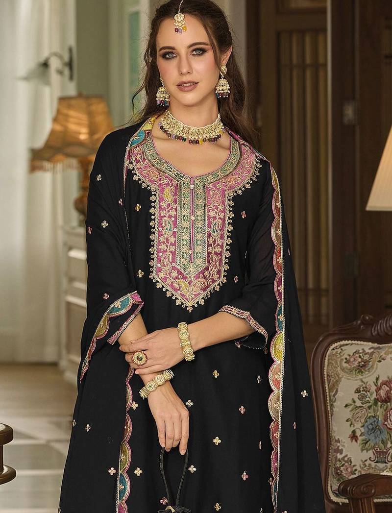 Paisley Embroidered Sequinned Straight Kurta With Sharara And Dupatta