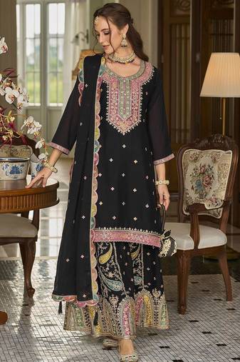 Paisley Embroidered Sequinned Straight Kurta With Sharara And Dupatta