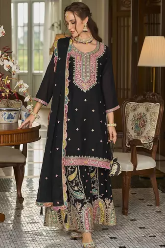 Paisley Embroidered Sequinned Straight Kurta With Sharara And Dupatta