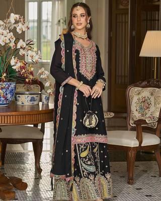 Paisley Embroidered Sequinned Straight Kurta With Sharara And Dupatta 4