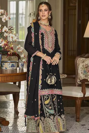 Paisley Embroidered Sequinned Straight Kurta With Sharara And Dupatta