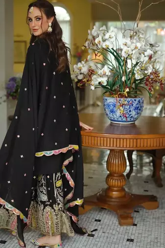 Paisley Embroidered Sequinned Straight Kurta With Sharara And Dupatta