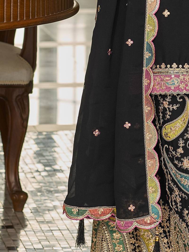 Paisley Embroidered Sequinned Straight Kurta With Sharara And Dupatta