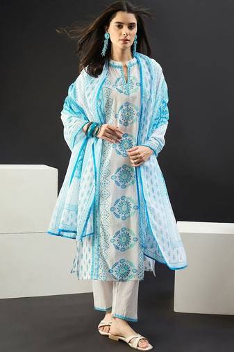women ethnic motifs printed regular  cotton kurta with trousers & with dupatta