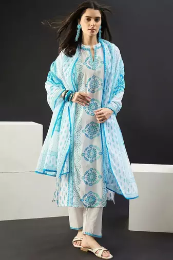 Women Ethnic Motifs Printed Regular Pure Cotton Kurta with Trousers & With Dupatta