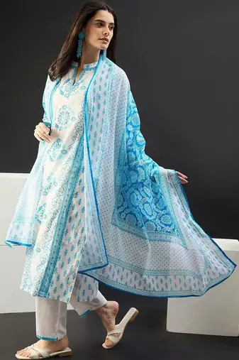 Women Ethnic Motifs Printed Regular Pure Cotton Kurta with Trousers & With Dupatta