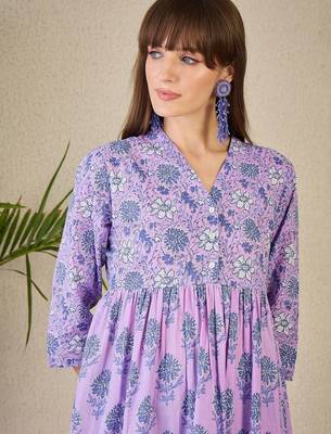 Adults-Women Floral Printed Cotton A-Line Kurta with Trousers 2