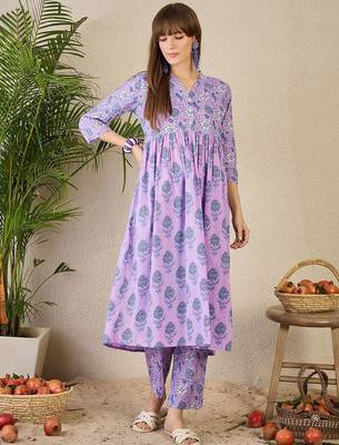 Adults-Women Floral Printed Cotton A-Line Kurta with Trousers 1