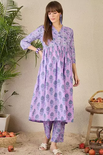 Adults-Women Floral Printed Cotton A-Line Kurta with Trousers