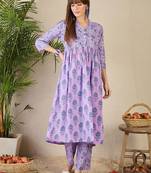 Adults-Women Floral Printed Cotton A-Line Kurta with Trousers