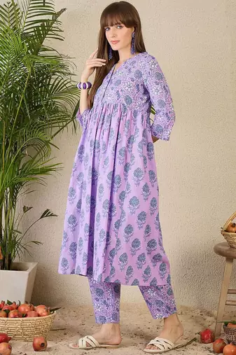 Adults-Women Floral Printed Cotton A-Line Kurta with Trousers