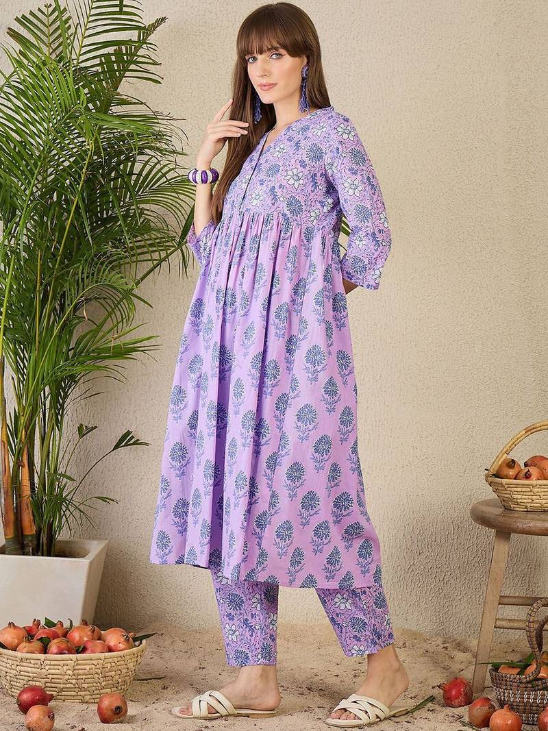 Adults-Women Floral Printed Cotton A-Line Kurta with Trousers