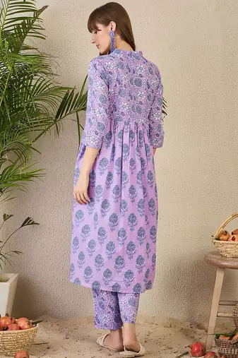 Adults-Women Floral Printed Cotton A-Line Kurta with Trousers
