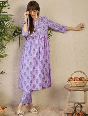 Adults-Women Floral Printed Cotton A-Line Kurta with Trousers 5